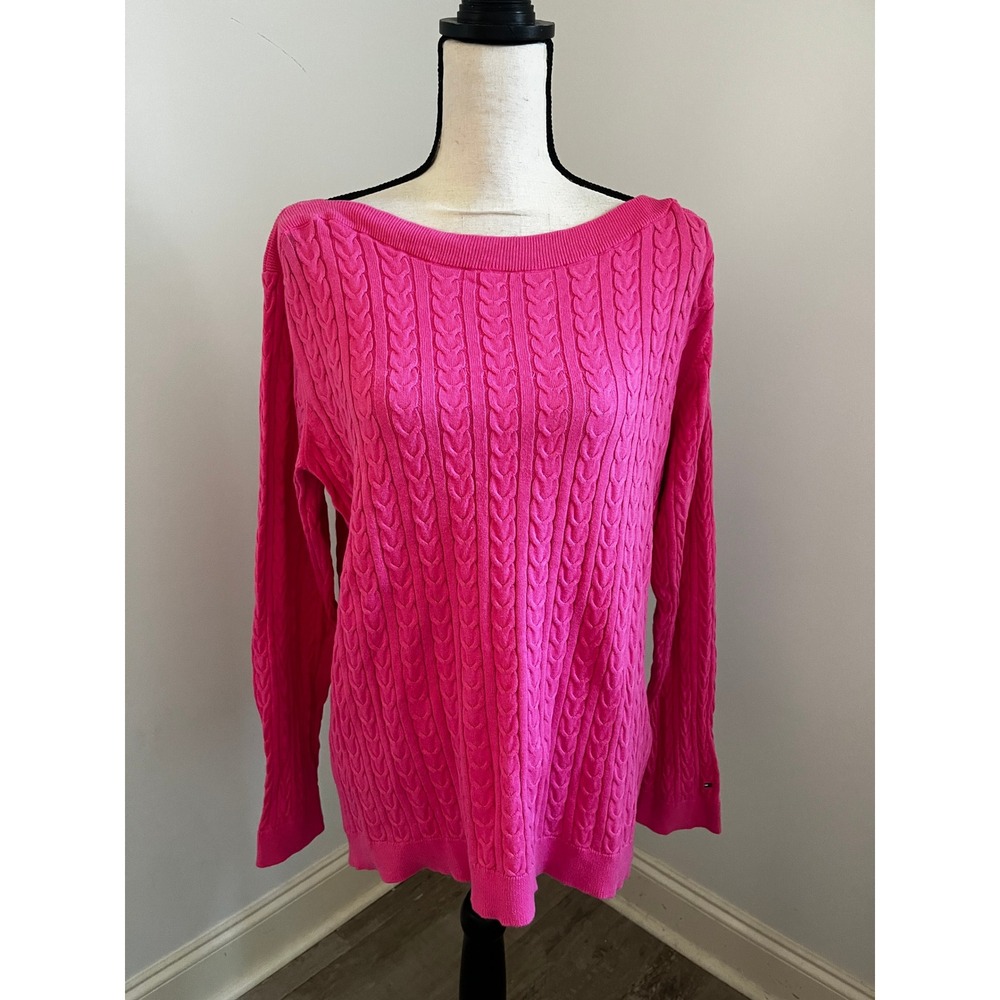 Pink Cable Knit Cotton Sweater XL Tommy Boat Neck Preppy Old Money Tennis Prep